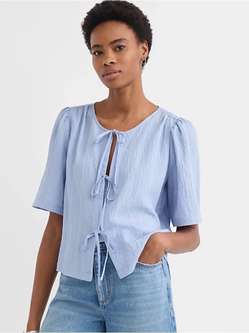 LOFT Light Blue Tie-Front Short Sleeve Women's Top NWT